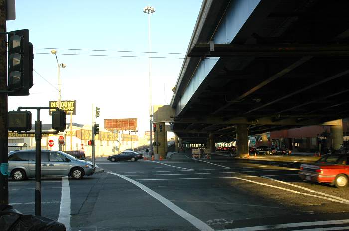 Mission Street at 13th and Duboce in San Francisco under the Central Freeway skyway