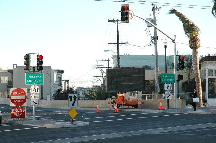 US 101 freeway entrance from Octavia Boulevard, crossing Market Street, in San Francisco