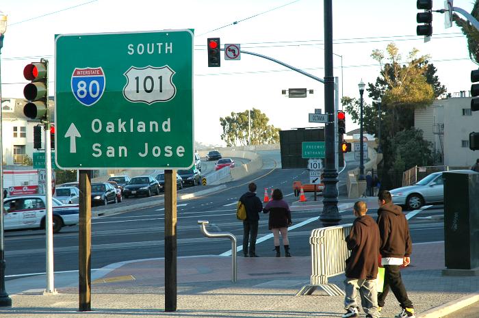 Destination sign for Interstate 80 and US 101 from Octavia Boulevard in San Francisco