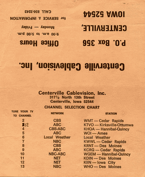 Centerville, Iowa cable TV guide, 1969