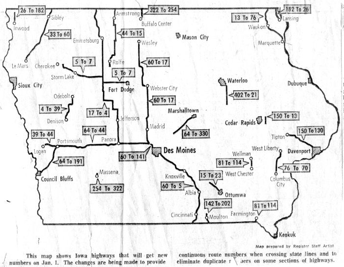 Map of Iowa's 1969 highway renumbering