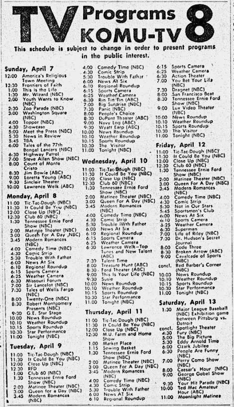 KOMU-TV schedule, April 1957