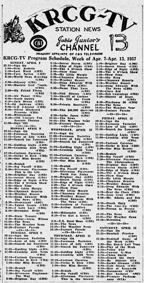 KRCG-TV schedule, April, 1957
