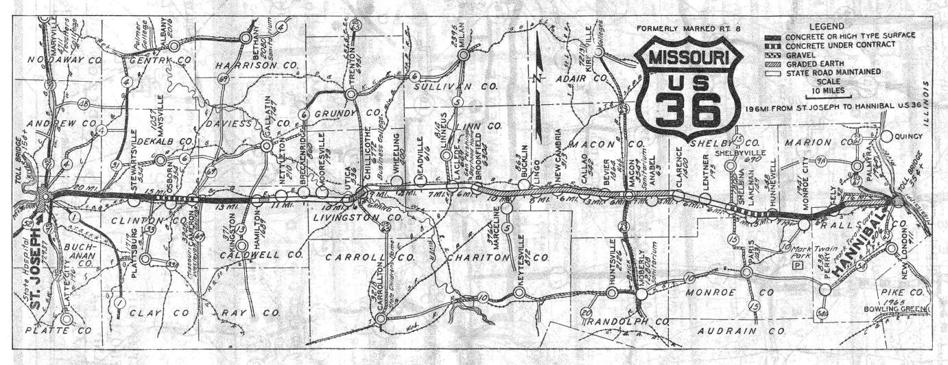 Route map for US 36 from the 1926 official Missouri road map