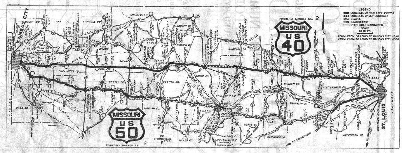 Route map for US 40 and US 50 from the 1926 official Missouri road map