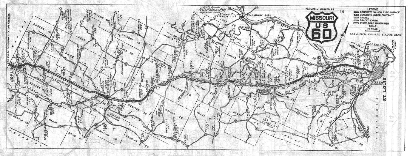 Route map for US 60 from the 1926 official Missouri road map