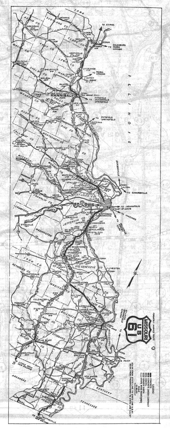 Route map for US 61 from the 1926 official Missouri road map