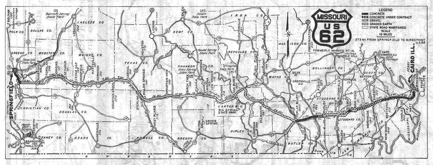 Route map for US 62 (later US 60) from the 1926 official Missouri road map