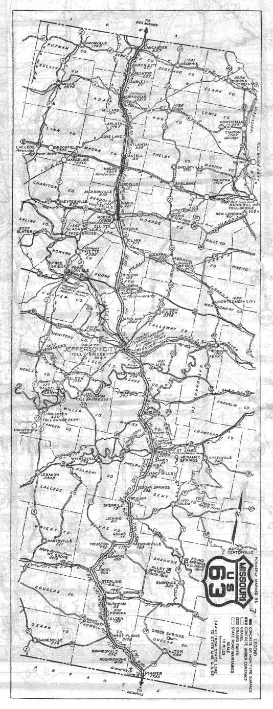 Route map for US 63 from the 1926 official Missouri road map