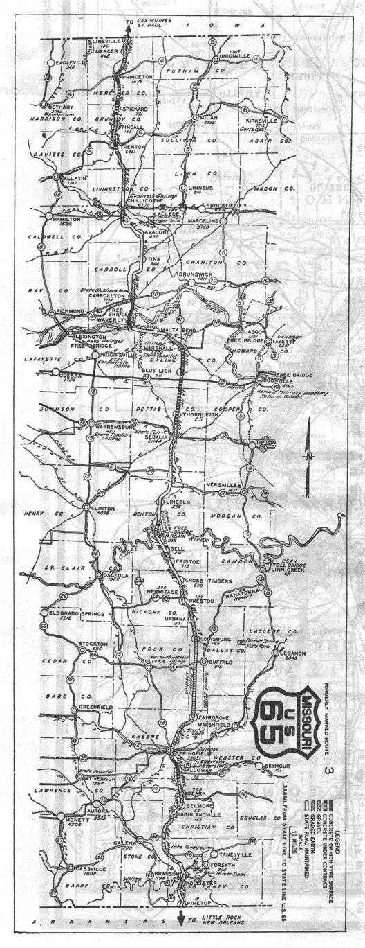 Route map for US 65 from the 1926 official Missouri road map
