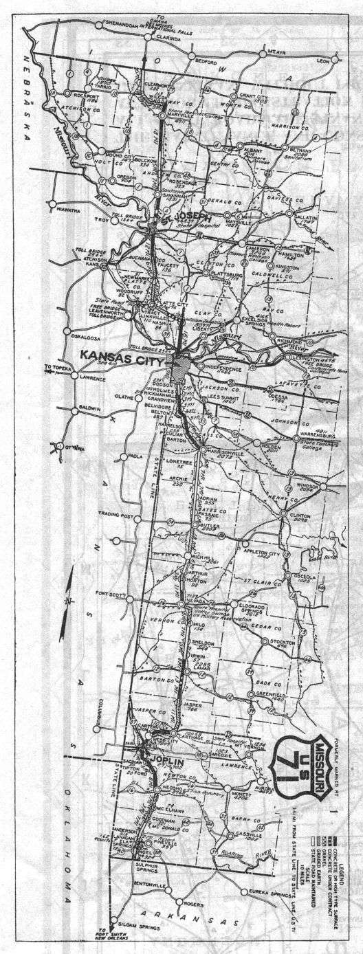 Route map for US 71 from the 1926 official Missouri road map