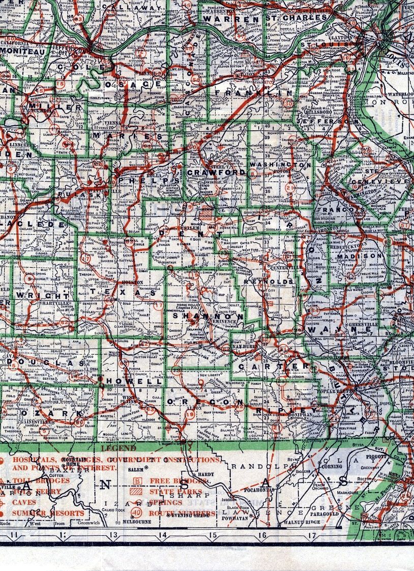 section of 1926 official road map of Missouri