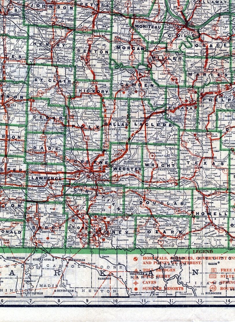 section of 1926 official road map of Missouri