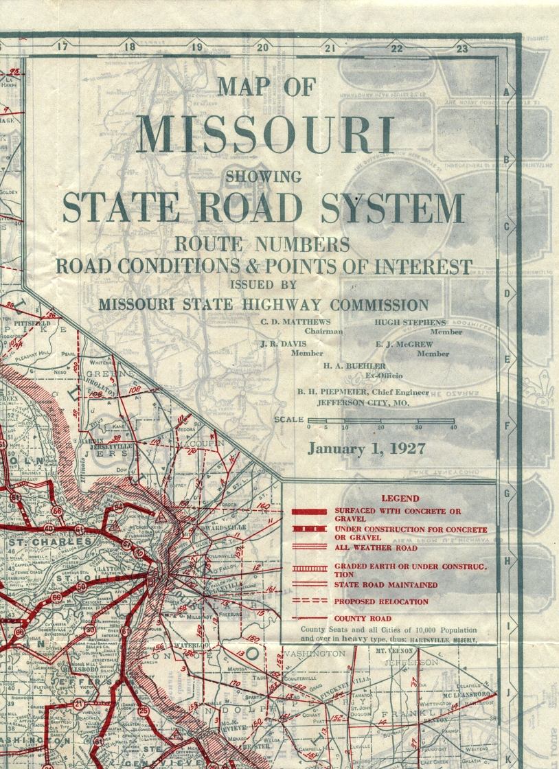 section of 1927 official road map of Missouri