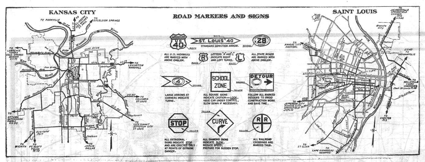 Kansas City and St. Louis inset maps from the 1927 Missouri official road map