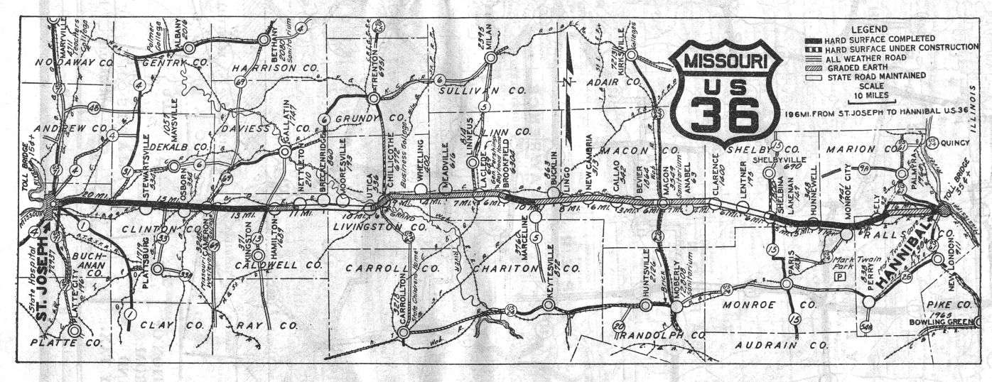 Route map for US 36 from the 1927 official Missouri road map