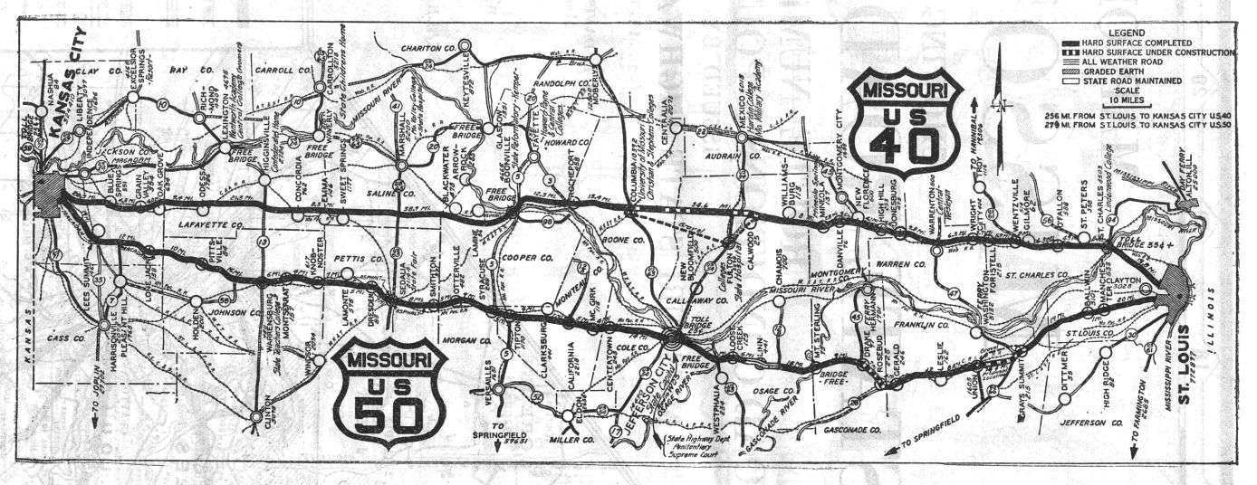 Route map for US 40 and US 50 from the 1927 official Missouri road map