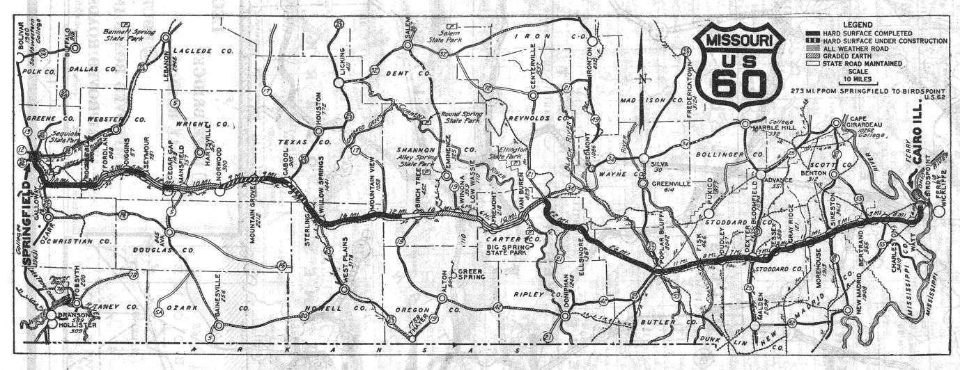 Route map for US 60 from the 1927 official Missouri road map
