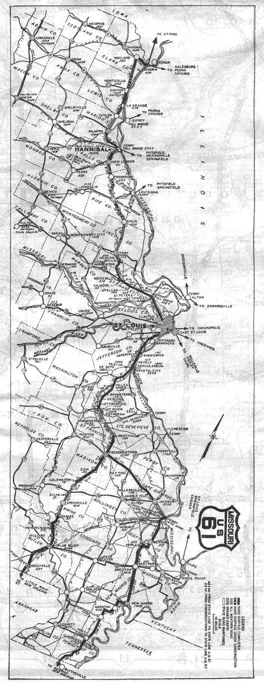 Route map for US 61 from the 1927 official Missouri road map