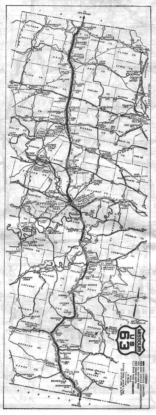 Route map for US 63 from the 1927 official Missouri road map