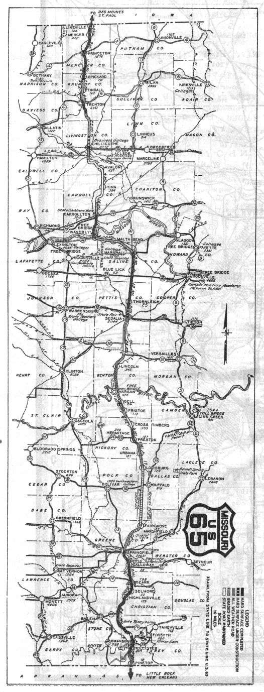 Route map for US 65 from the 1927 official Missouri road map