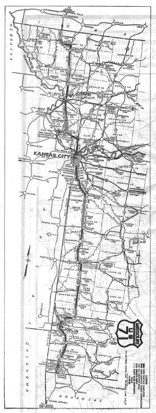 Route map for US 71 from the 1927 official Missouri road map