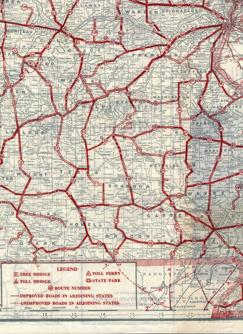 section of 1927 official road map of Missouri