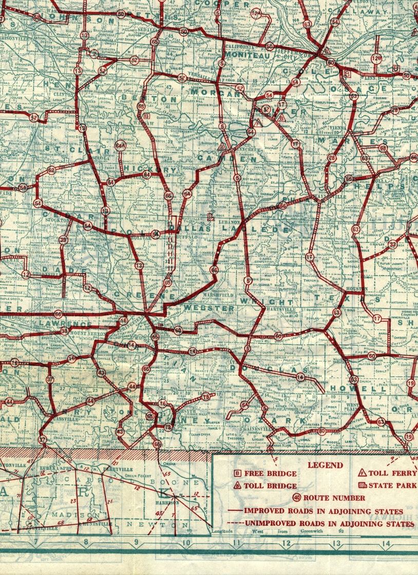 section of 1927 official road map of Missouri