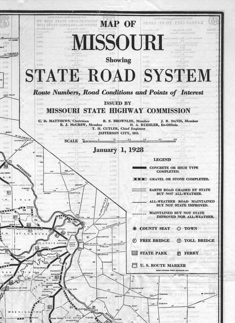 section of 1928 official road map of Missouri