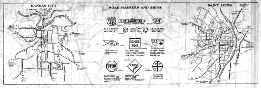 Kansas City and St. Louis inset maps from the 1928 Missouri official road map