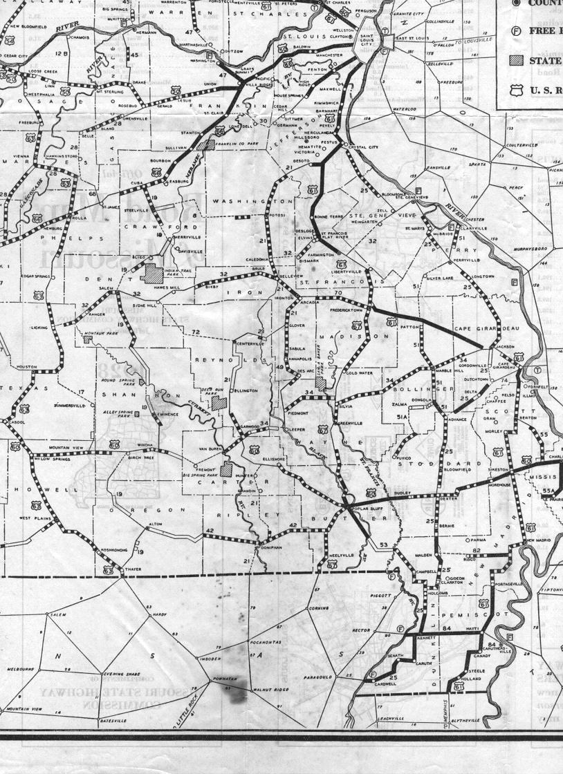 section of 1928 official road map of Missouri