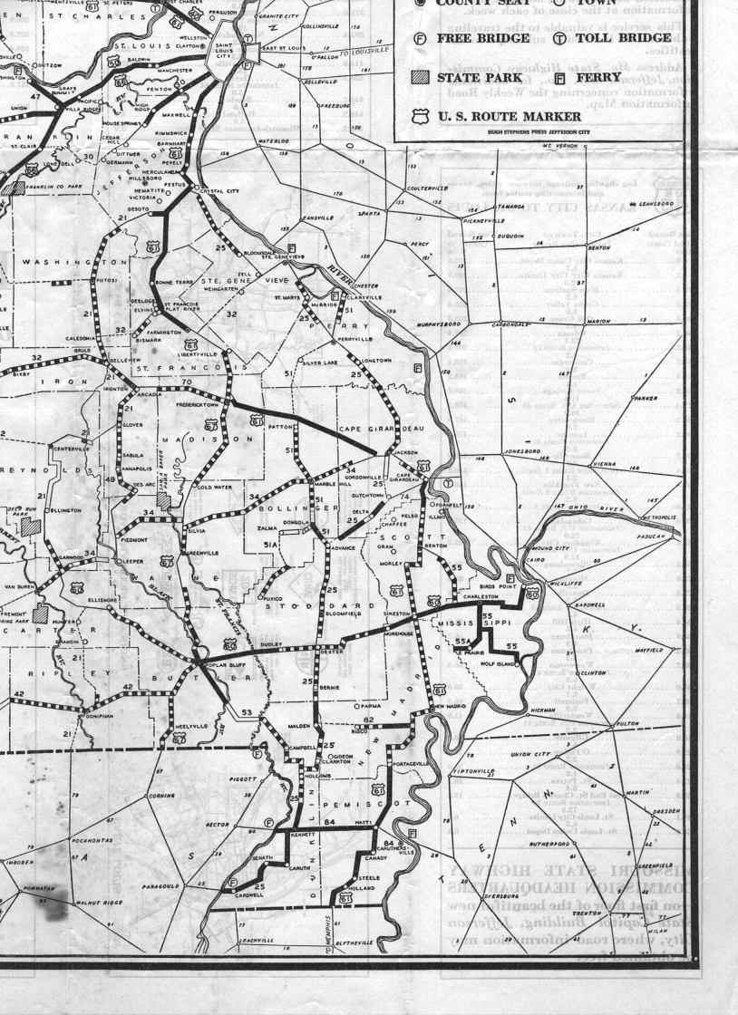 section of 1928 official road map of Missouri