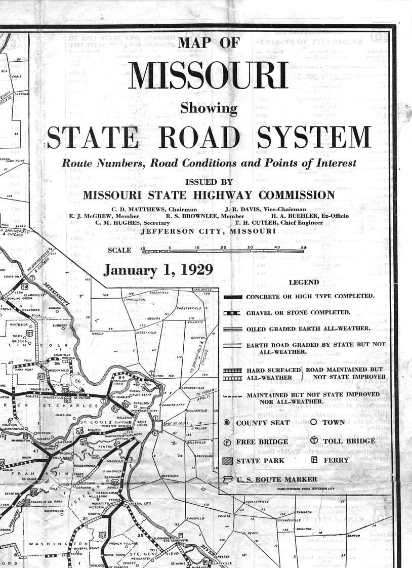 section of 1929 official road map of Missouri