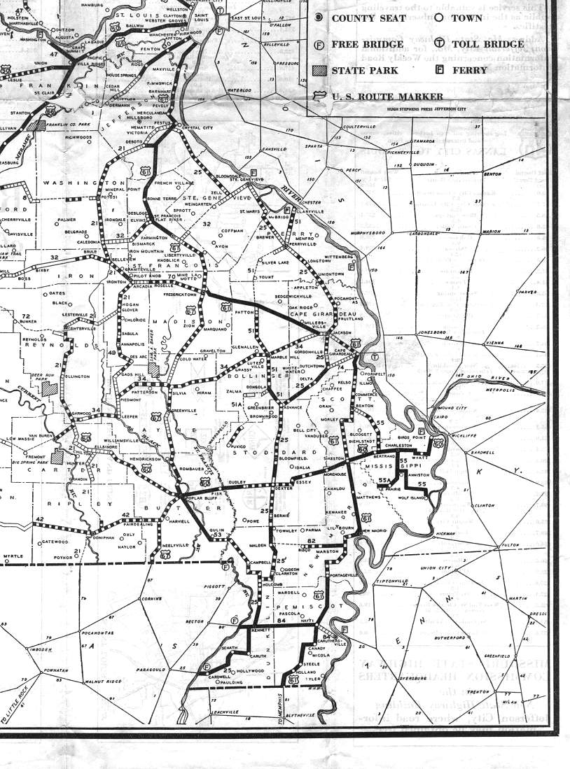 section of 1929 official road map of Missouri