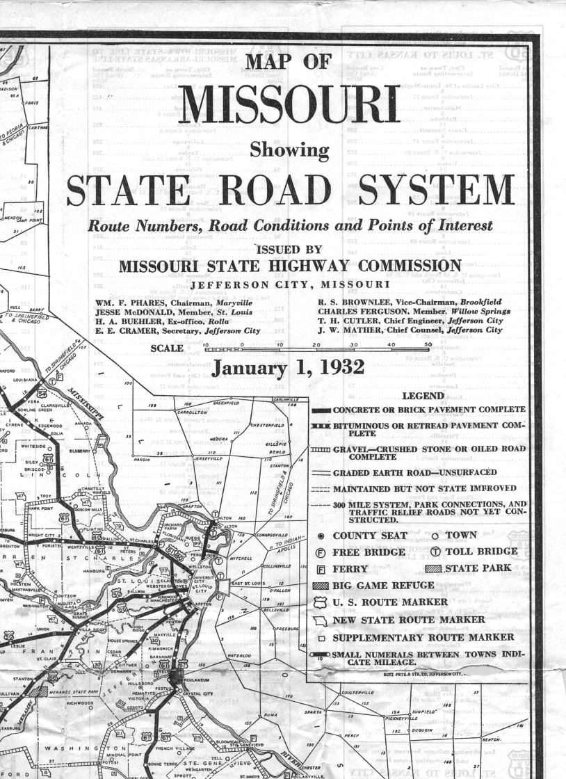section of 1932 official road map of Missouri