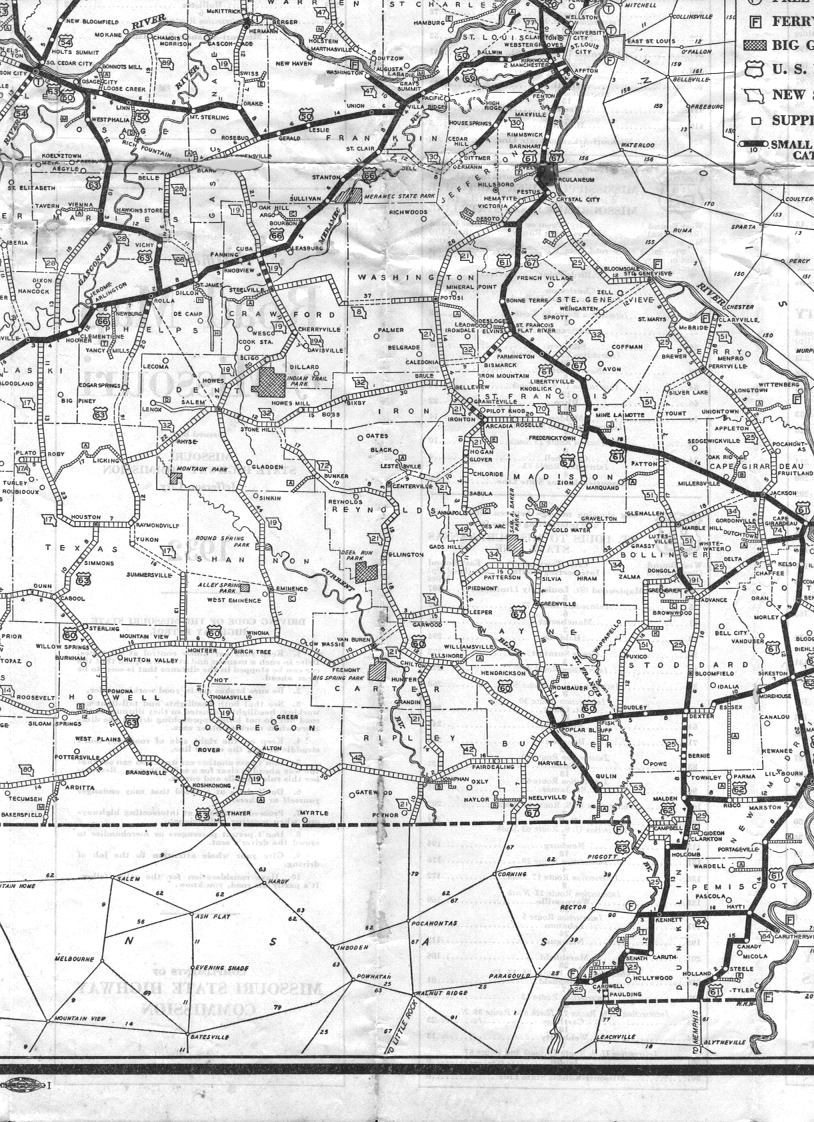 section of 1932 official road map of Missouri