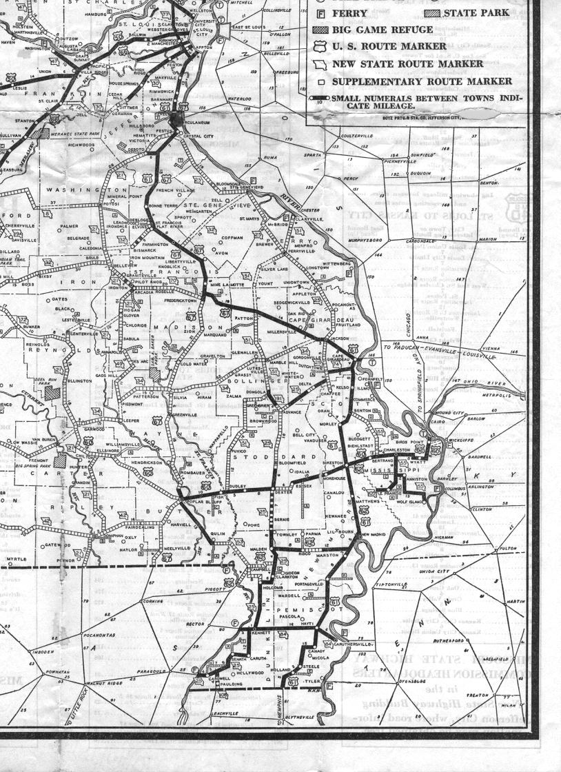 section of 1932 official road map of Missouri