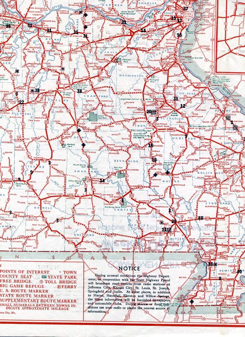 Section of 1935 official Missouri weekly detour and road map