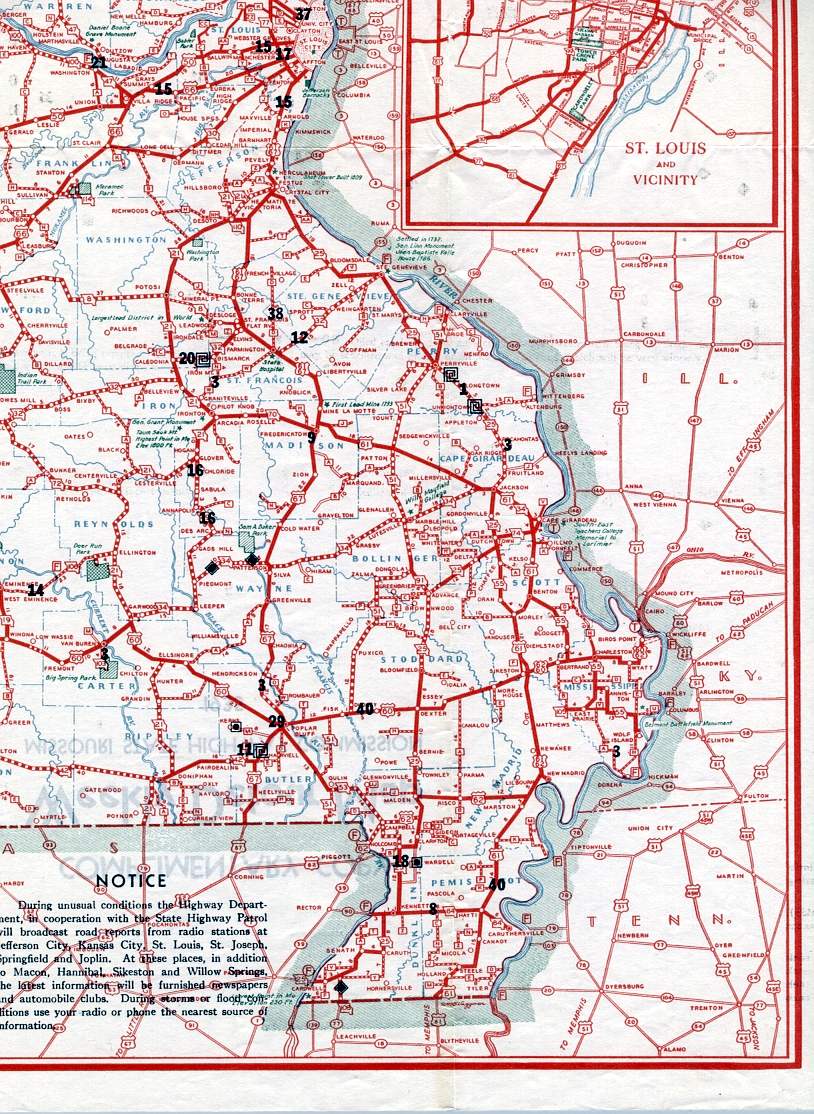 Section of 1935 official Missouri weekly detour and road map