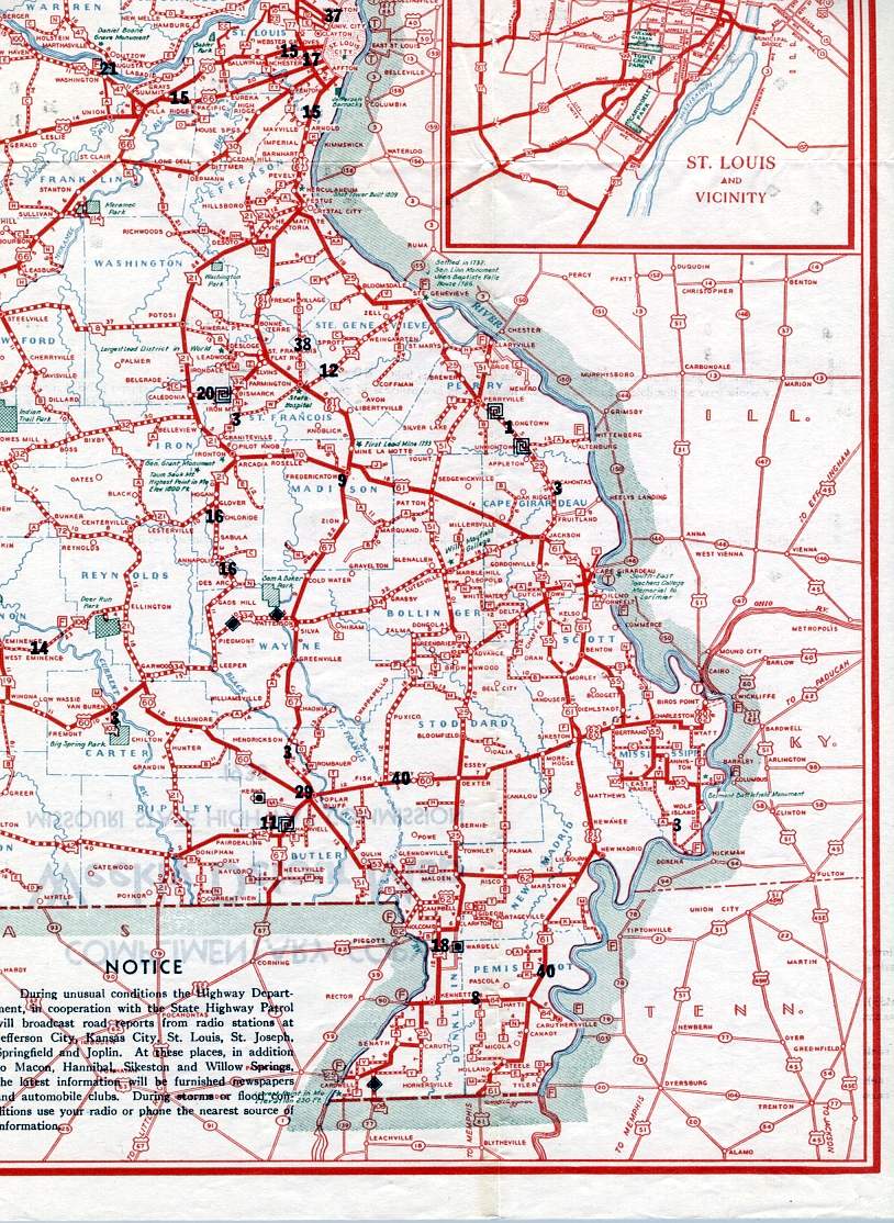 Section of 1935 official Missouri weekly detour and road map