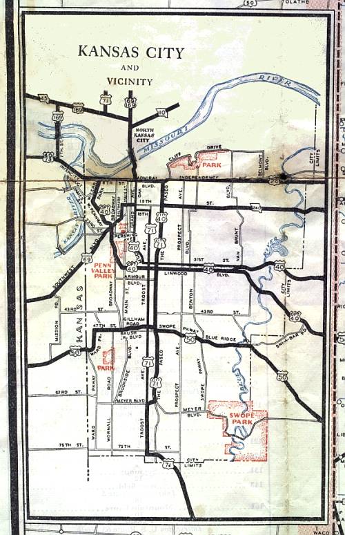 Section of 1936 official highway map for Missouri (Kansas
     City inset)