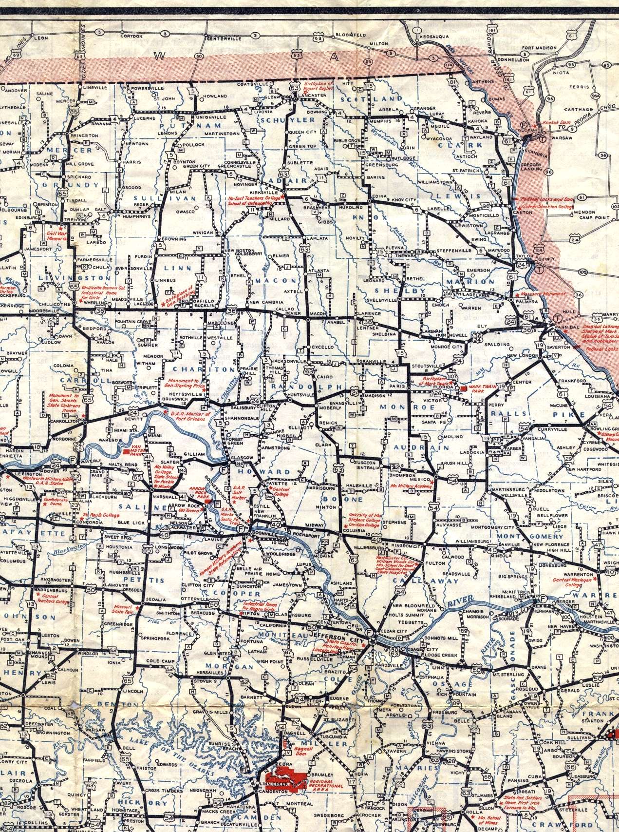 Section of 1936 official highway map for Missouri