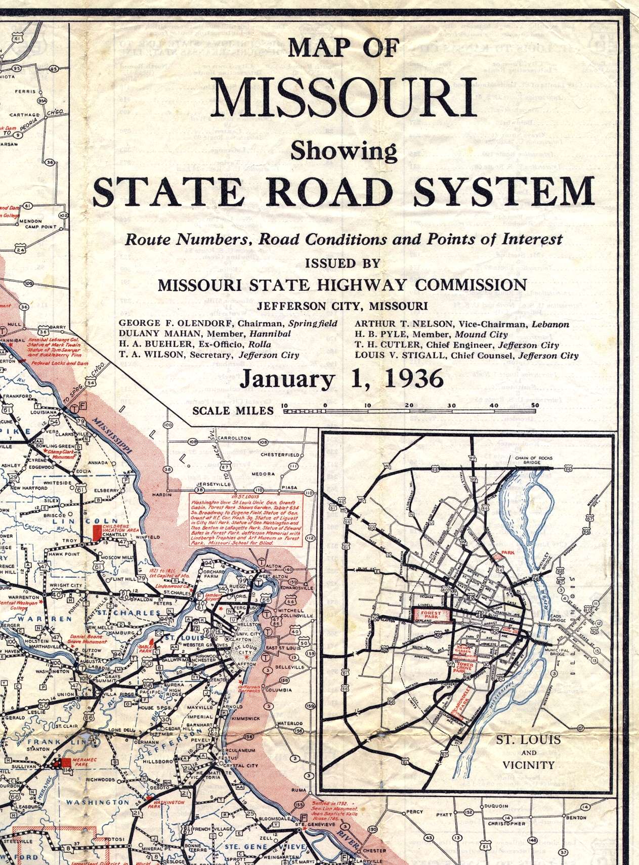 Section of 1936 official highway map for Missouri