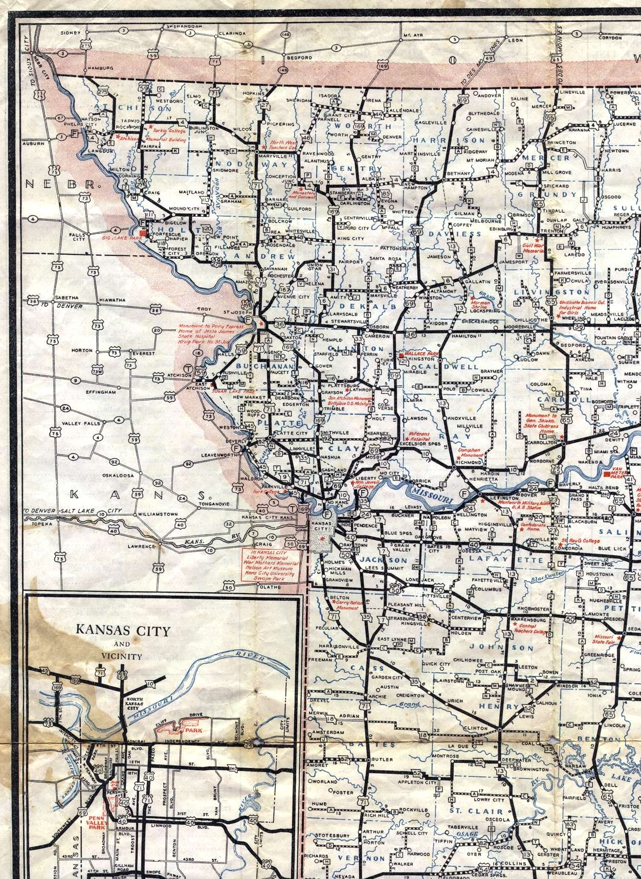 Section of 1936 official highway map for Missouri