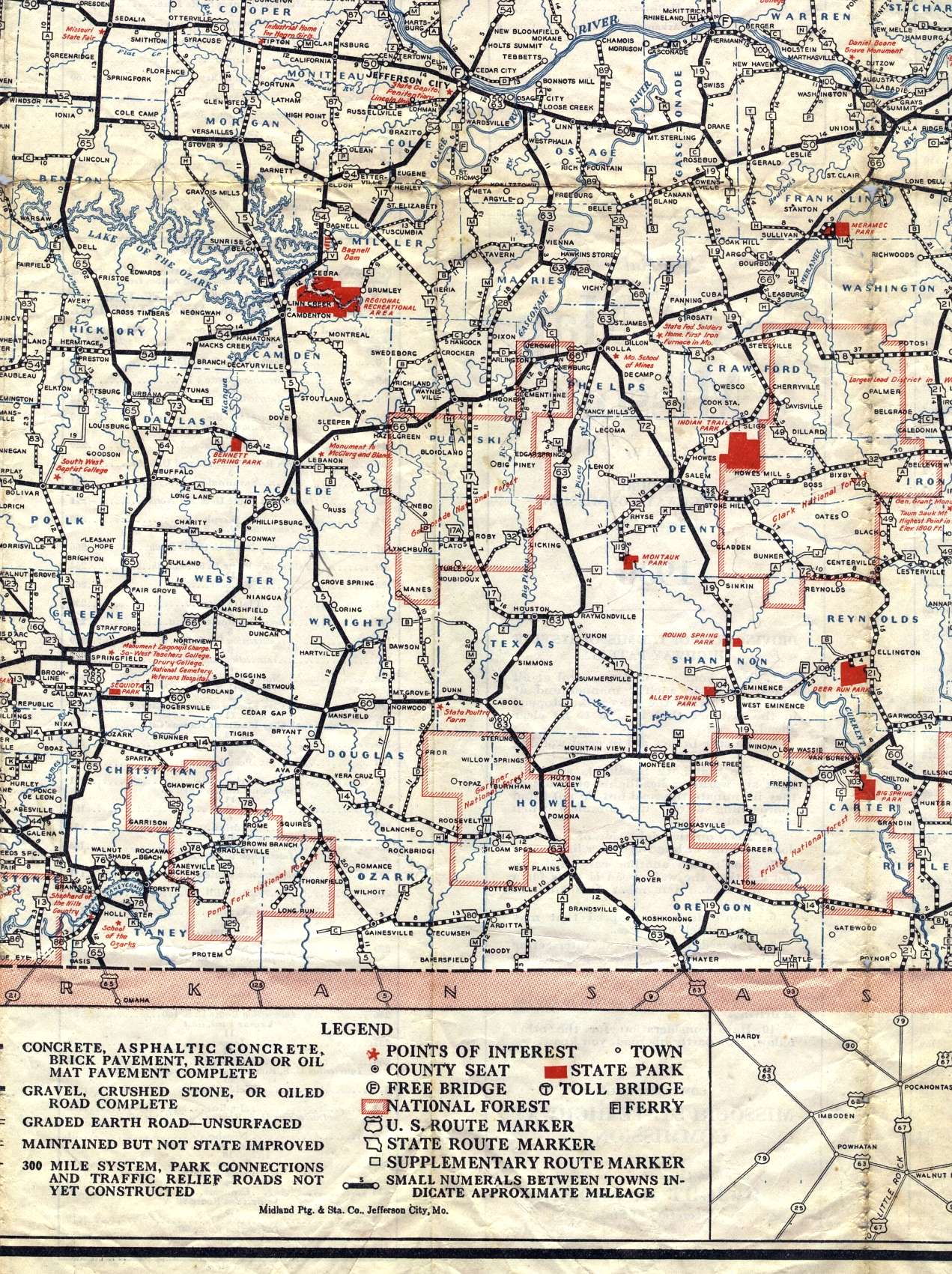 Section of 1936 official highway map for Missouri