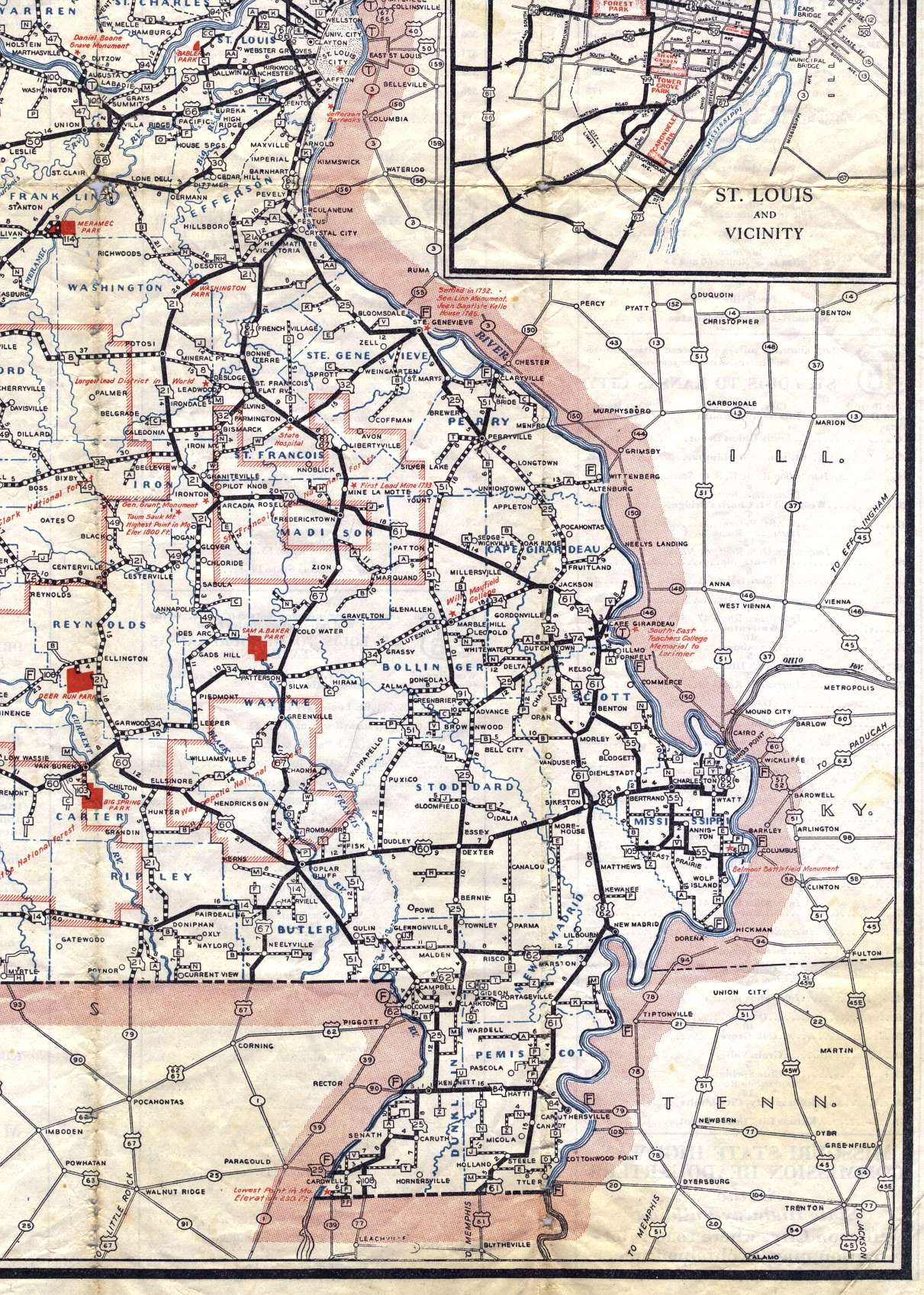 Section of 1936 official highway map for Missouri