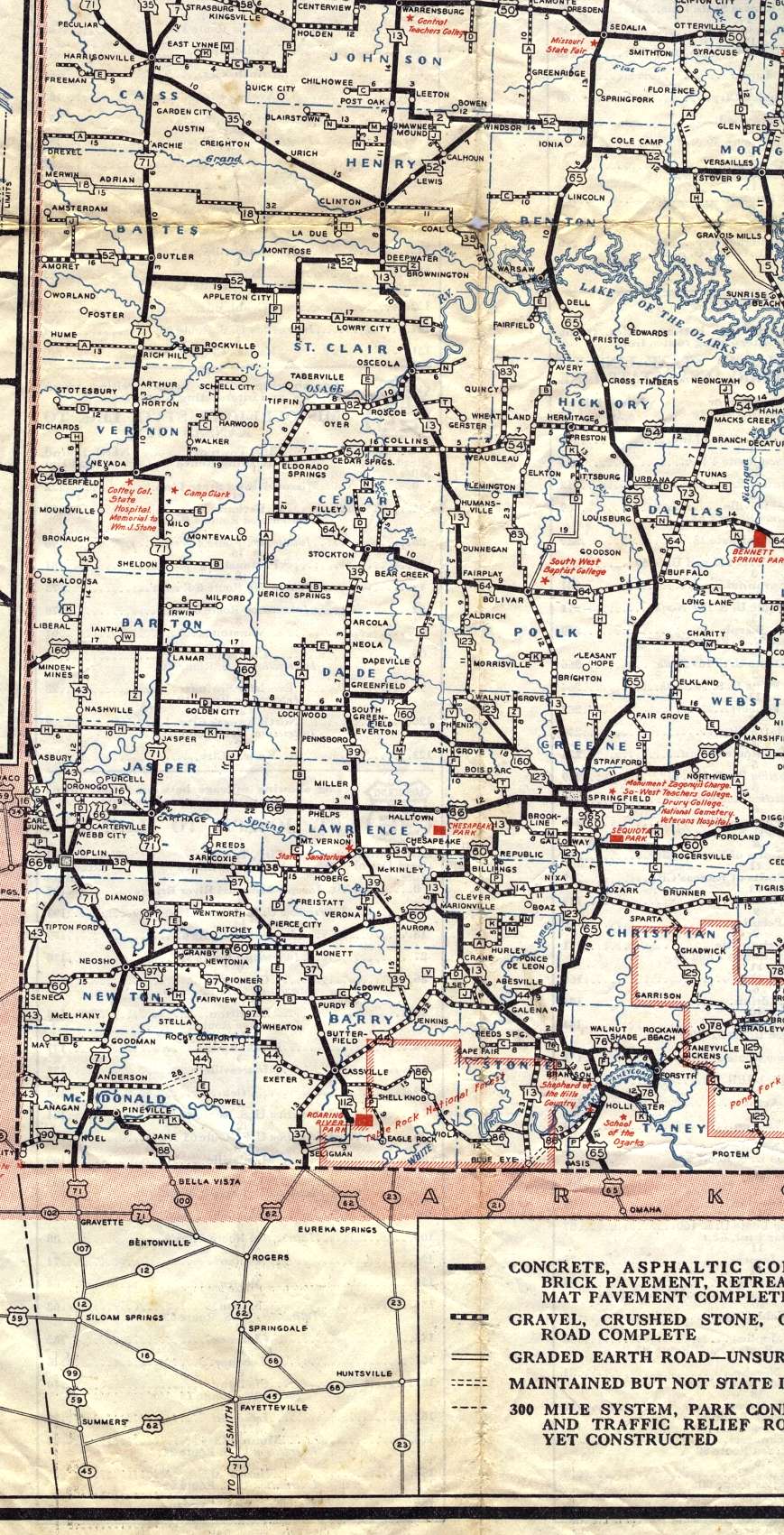 Section of 1936 official highway map for Missouri