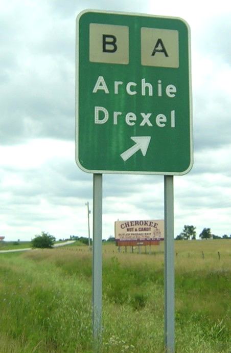 Button reflectors on exit sign from US 71 near Archie, Mo.