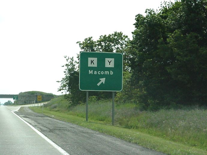 Exit sign for Routes K and Y near Macomb, Mo. on US 60