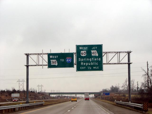 US 60 moves off the James River Freeway eastbound, where it becomes Missouri 360 at Republic